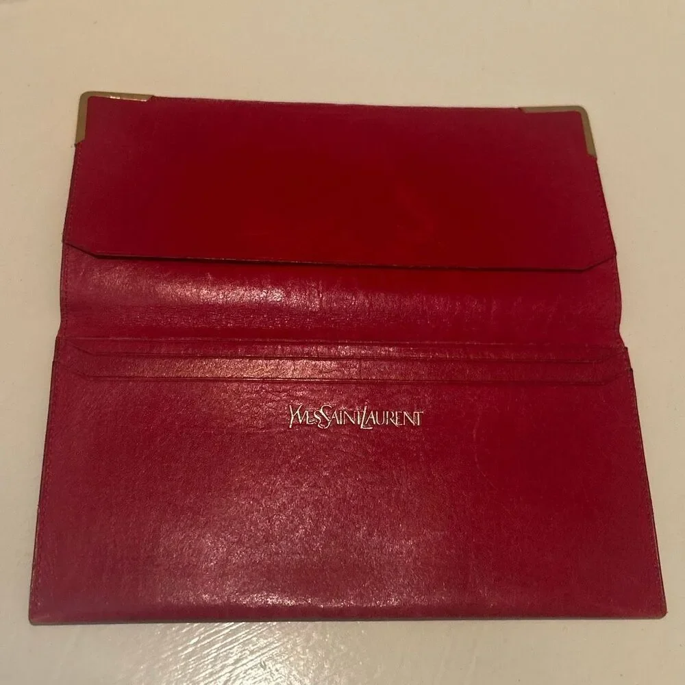 Vintage YSL Bifold Long Wallet Red Leather Gold Accent Sleek Iconic Bold Luxury